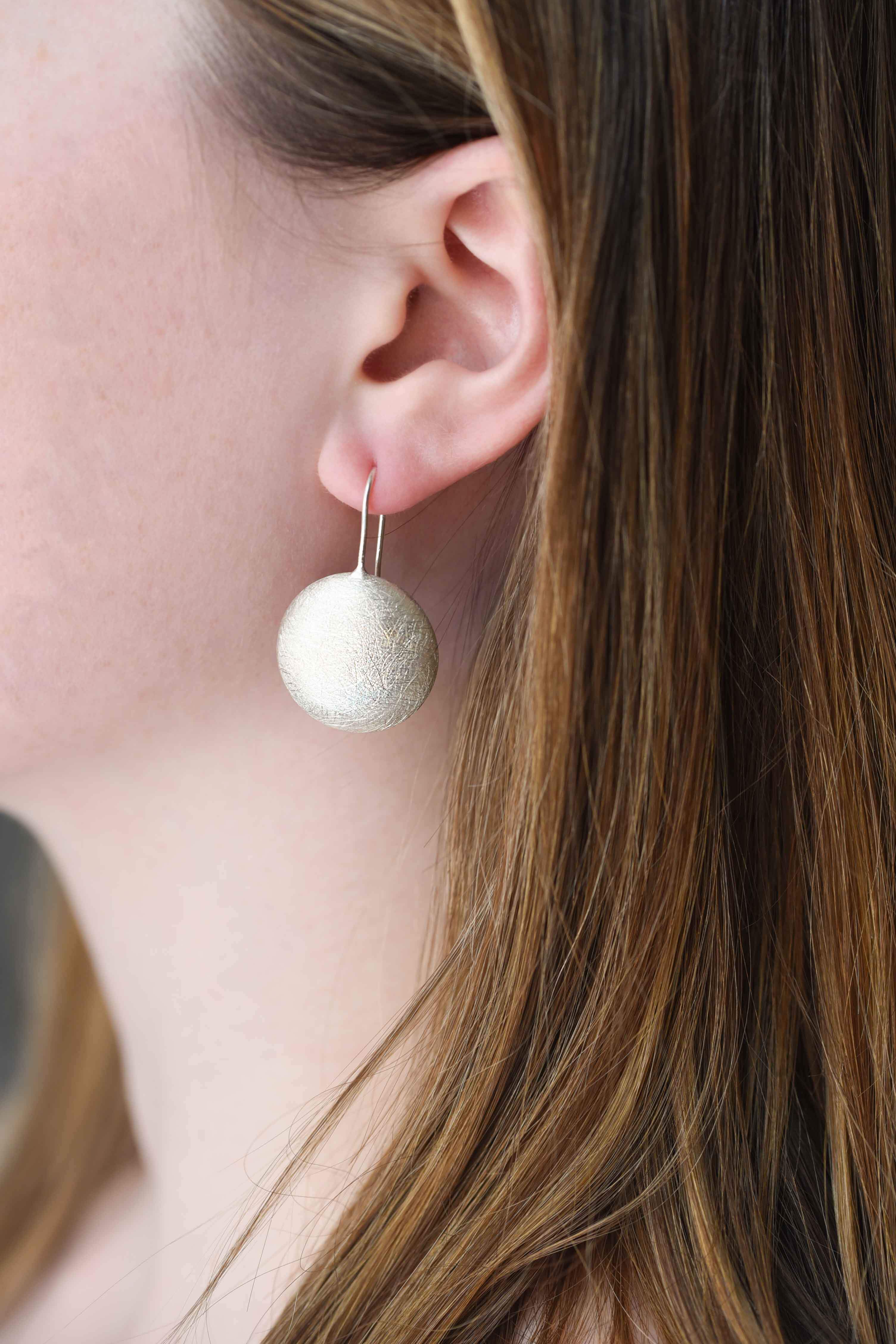brushed circle earrings, statement earrings, silver earrings