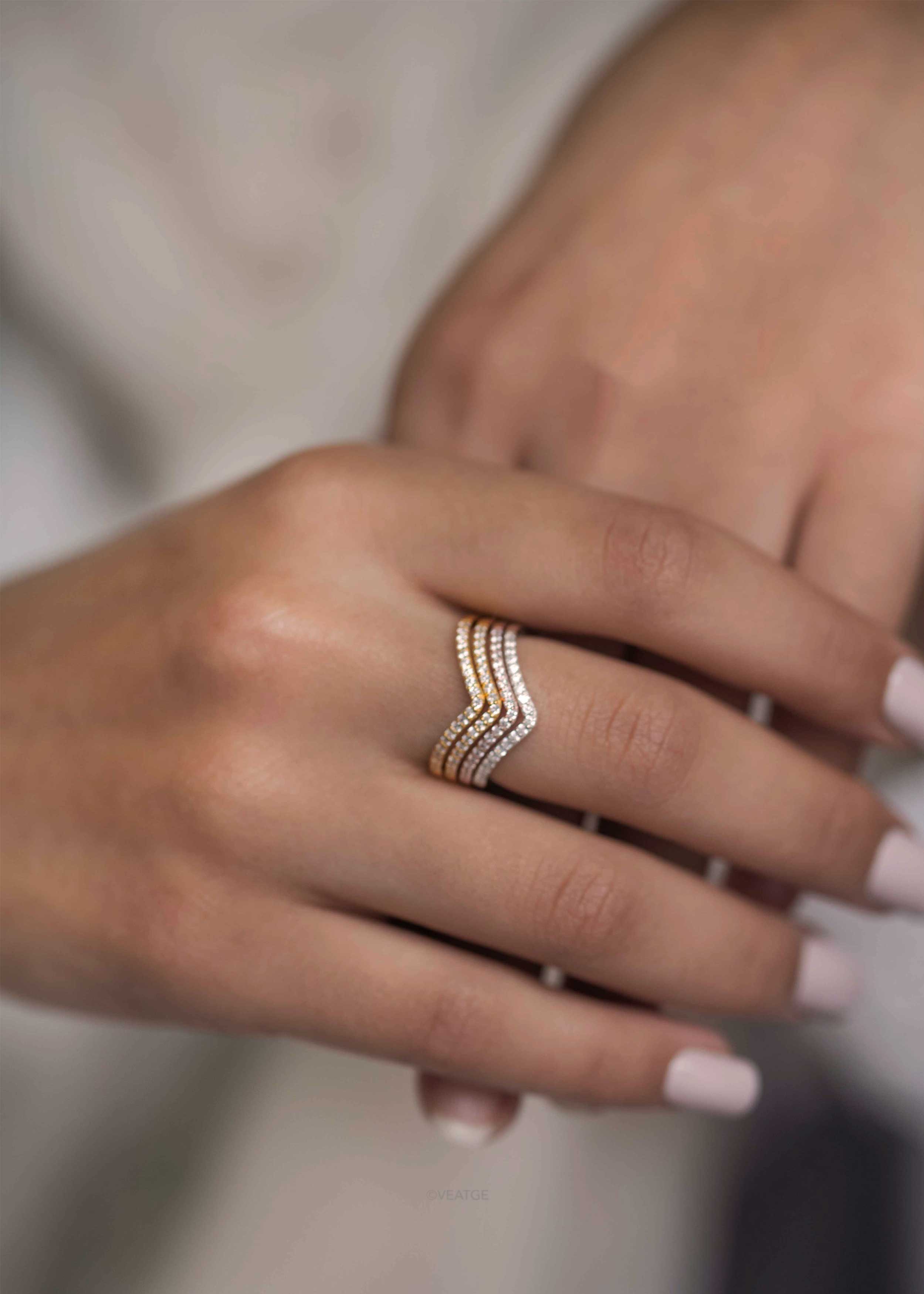 Colline Stacking Gold Ring Curved V Peak Chevron Stackable Gold Diamond Rings