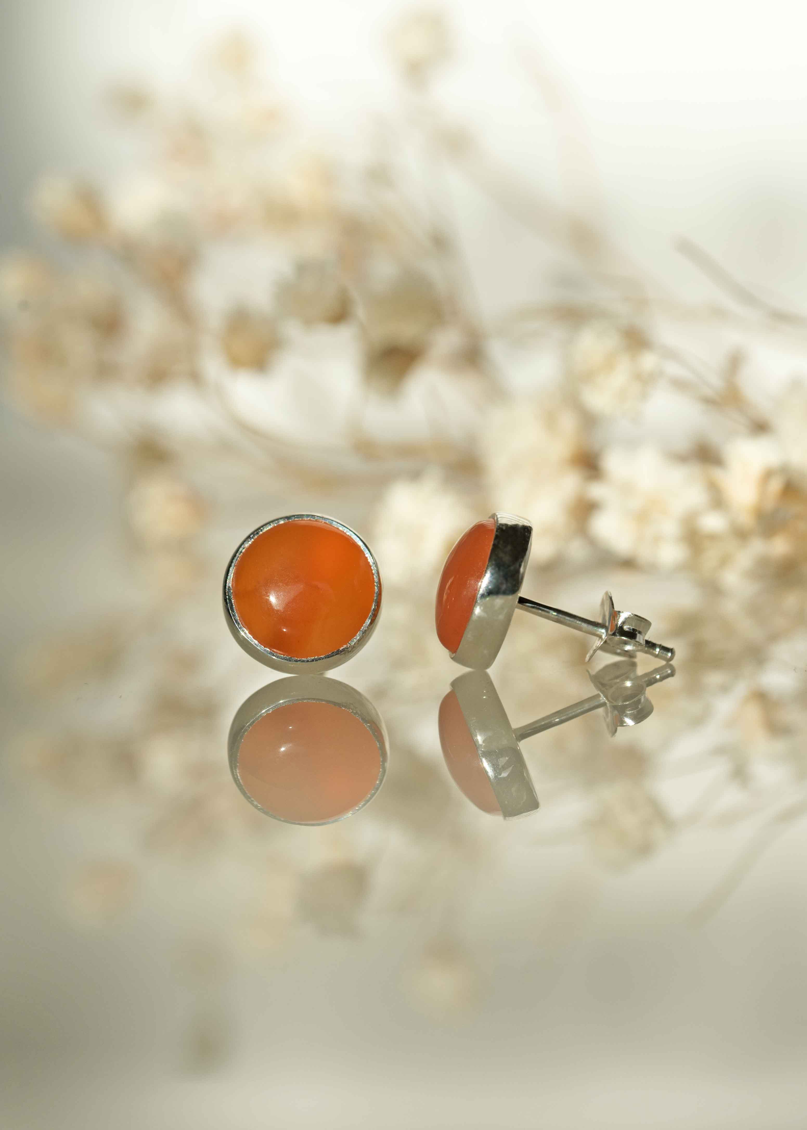 Genuine Real Natural Carnelian Stone Stud Earrings Silver