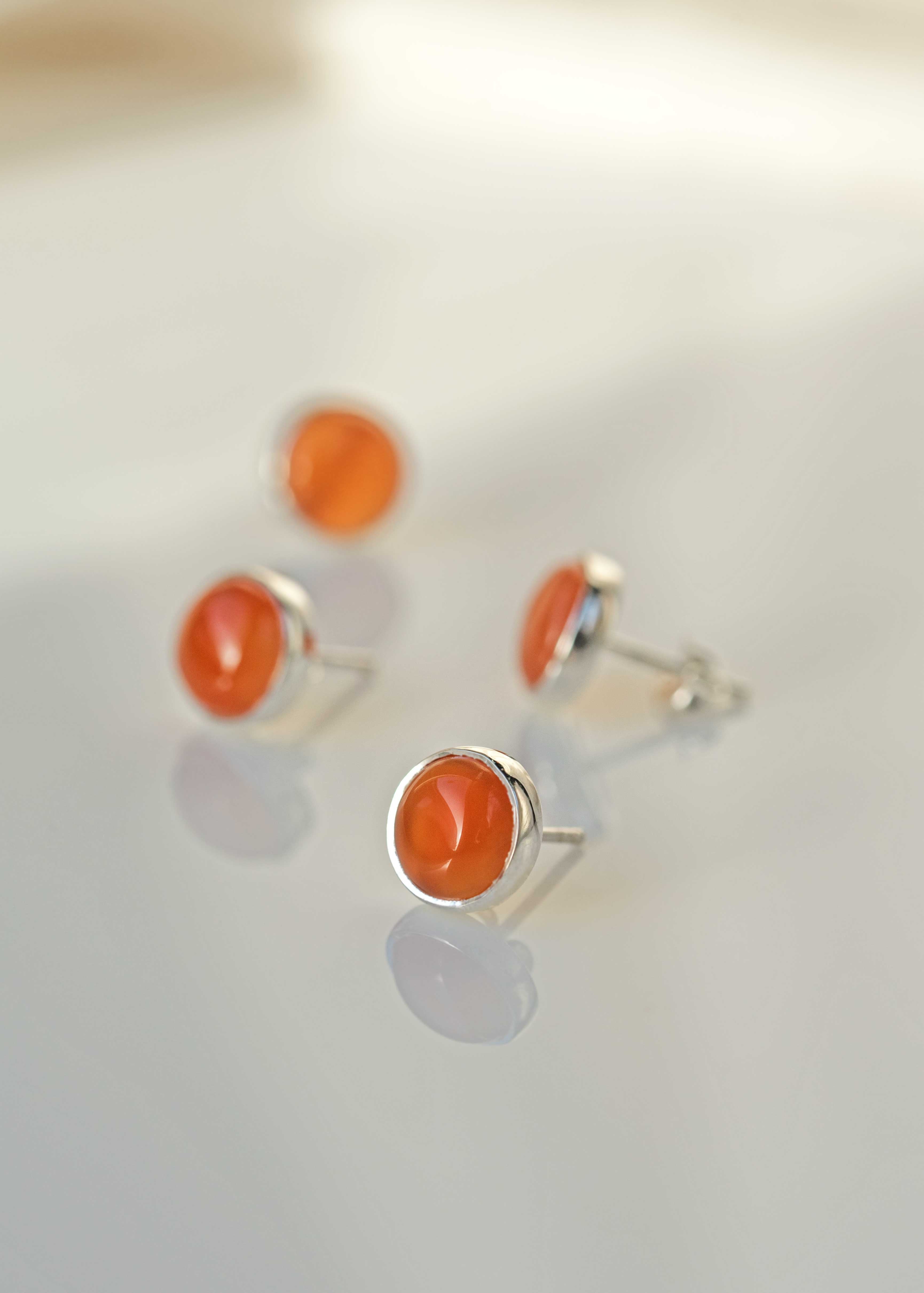 Genuine Real Natural Carnelian Stone Stud Earrings Silver