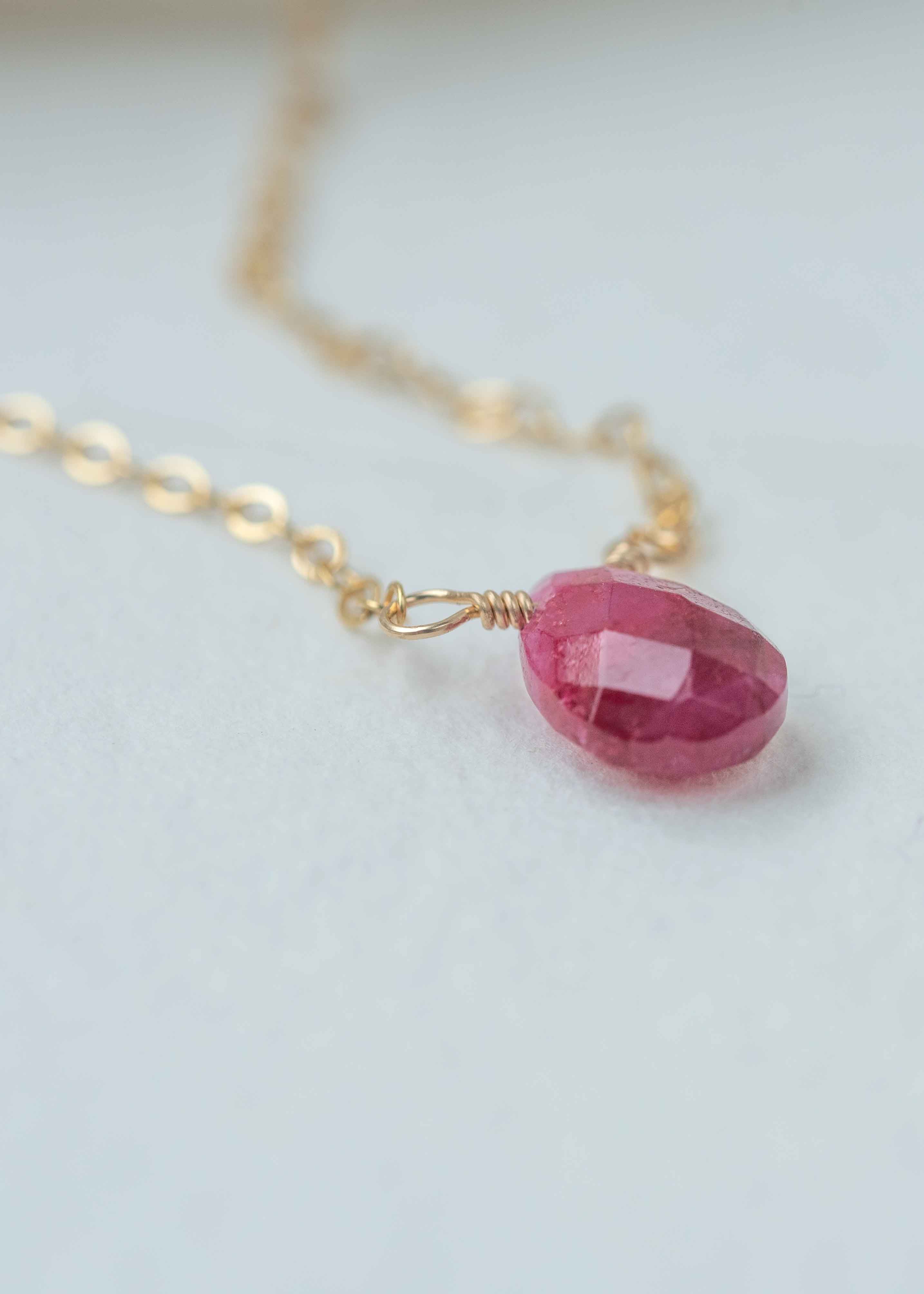 natural ruby gold necklace pear shape minimal dainty delicate handmade in houston
