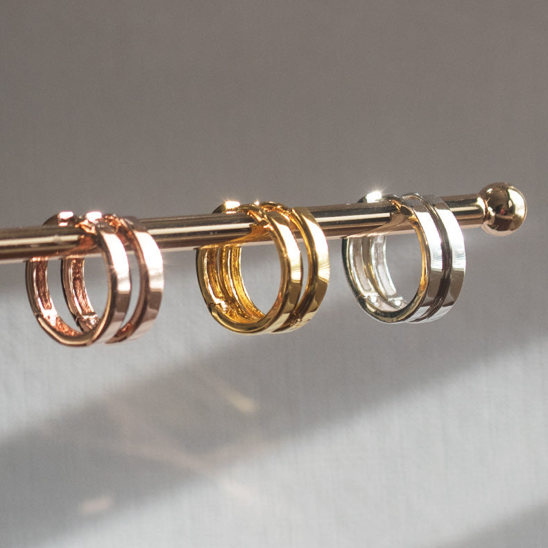 flat hoops all three, medium silver hoops, medium gold plated hoops, medium rose gold hoops moder