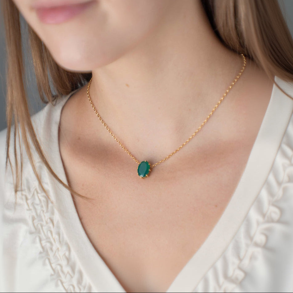 Green Onyx Gold Necklace Choker Emerald Gift for Women Girls