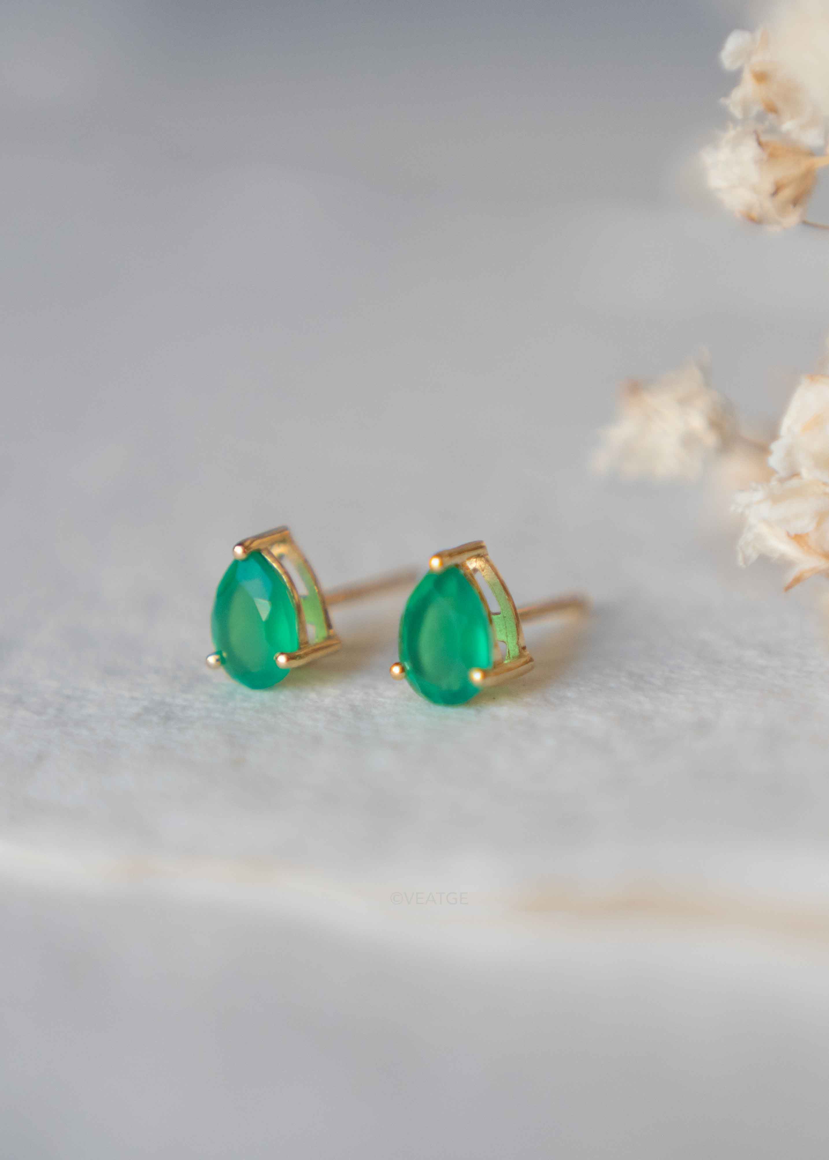 Green Onyx Pear Stud Earrings Gift for Girls May birthstone Gift for Women Gifts for Mom