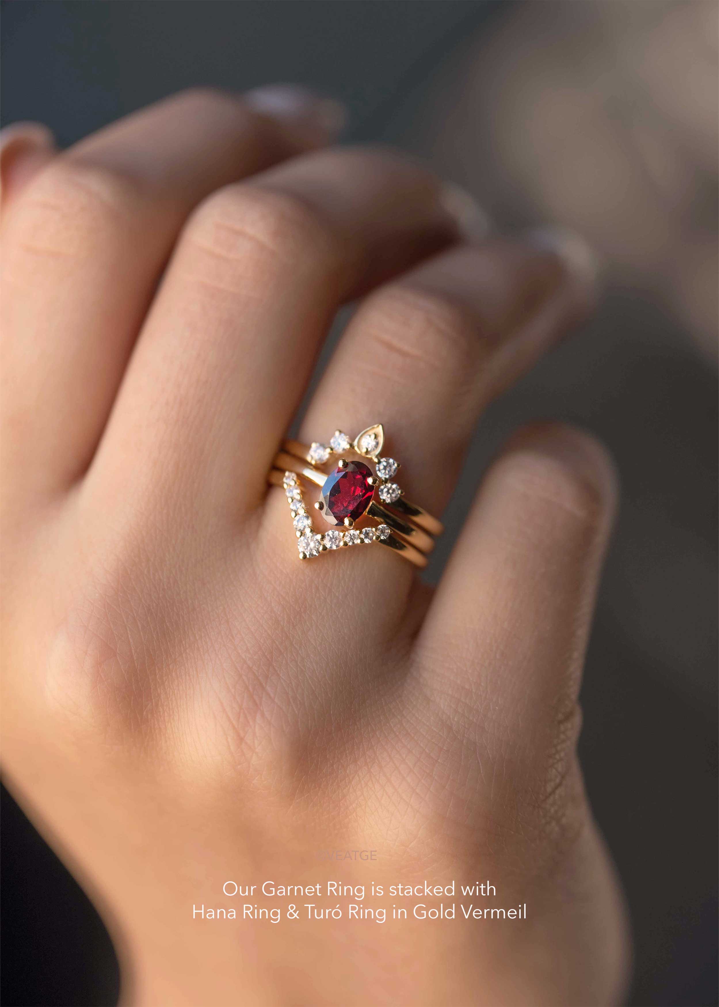 garnet stacking rings in gold vermeil and diamonds