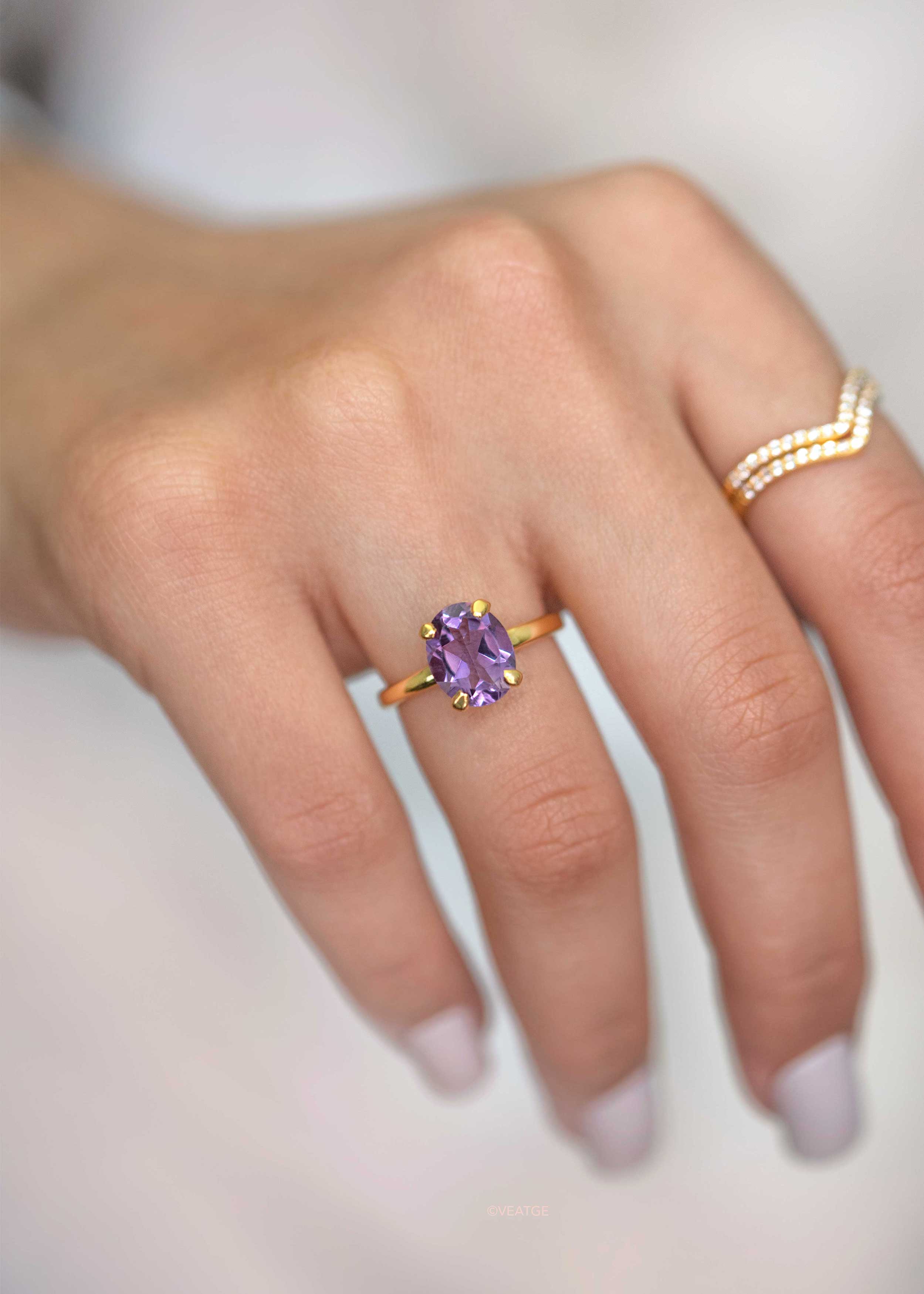 Large Amethyst Sterling Silver Gold Vermeil Ring, February Birthstone Gifts for Her