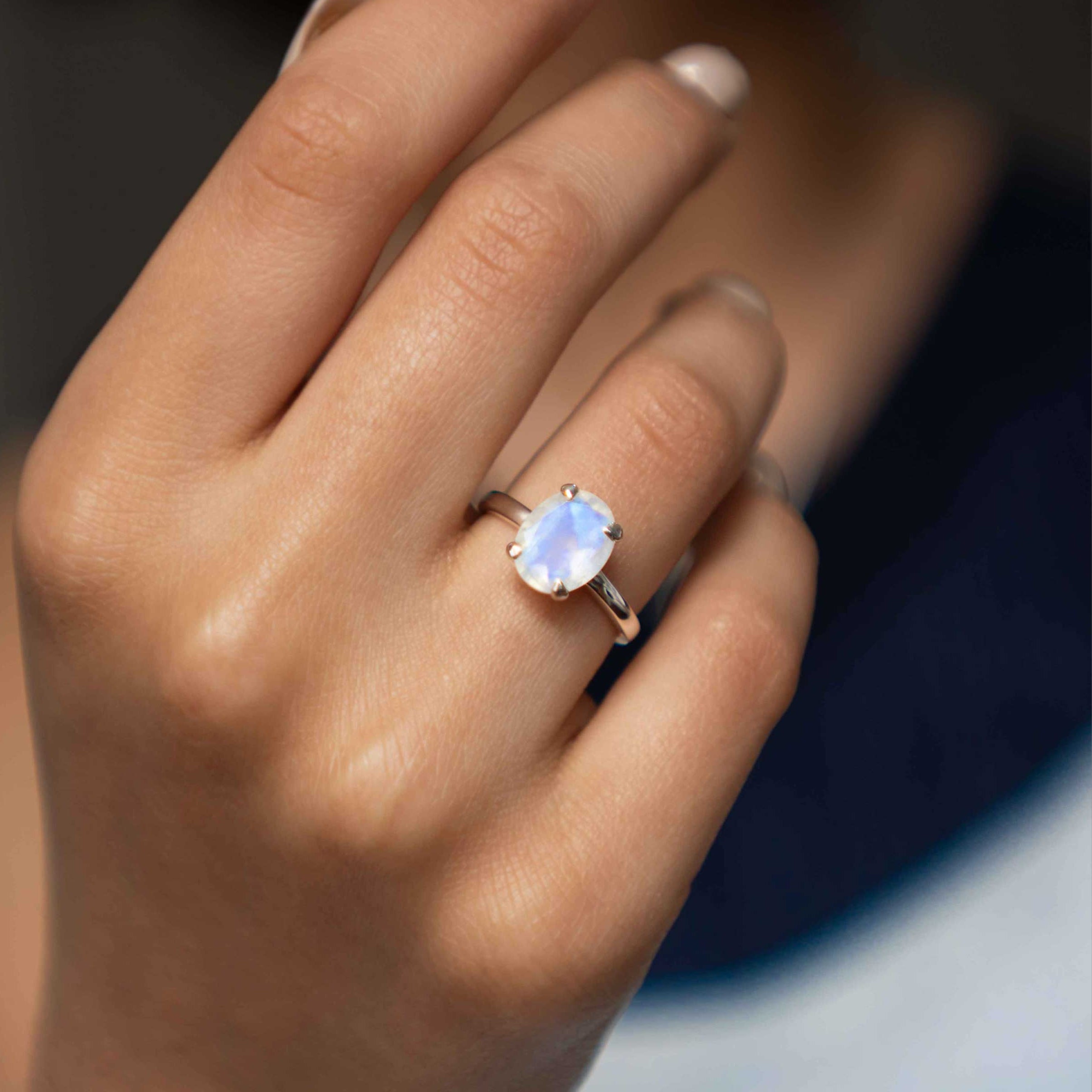 Large Moonstone Ring Sterling Silver, Oval Natural Gemstone Engagement Ring for Women
