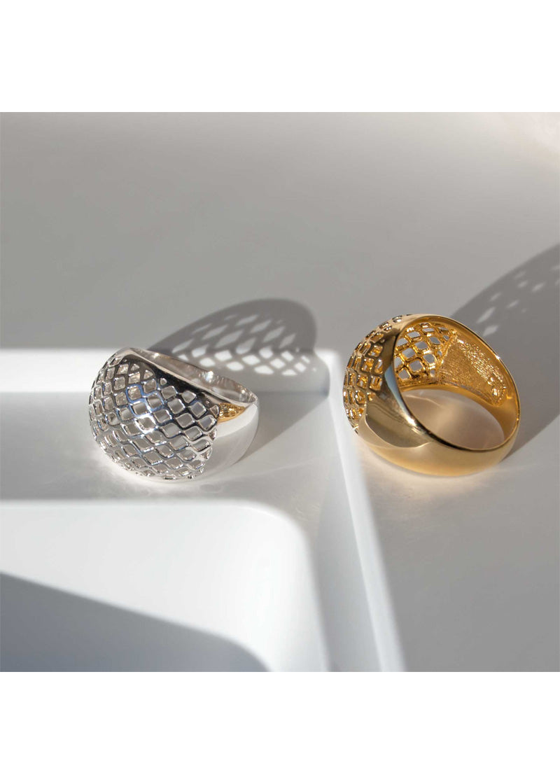 Lattice Dome Ring Gold, Modern Geometric Statement Unique Ring 