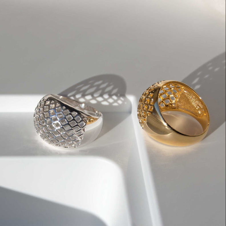 Lattice Dome Ring Gold, Modern Geometric Statement Unique Ring 