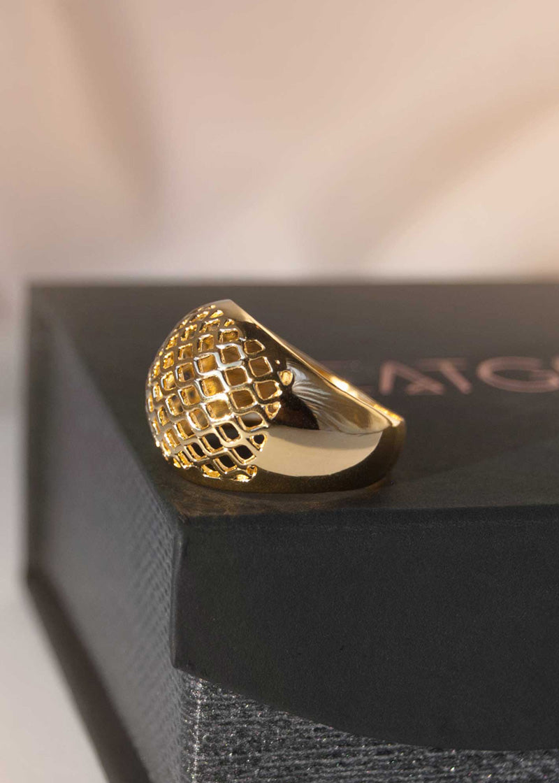 Lattice Dome Ring Gold, Modern Geometric Statement Unique Ring 