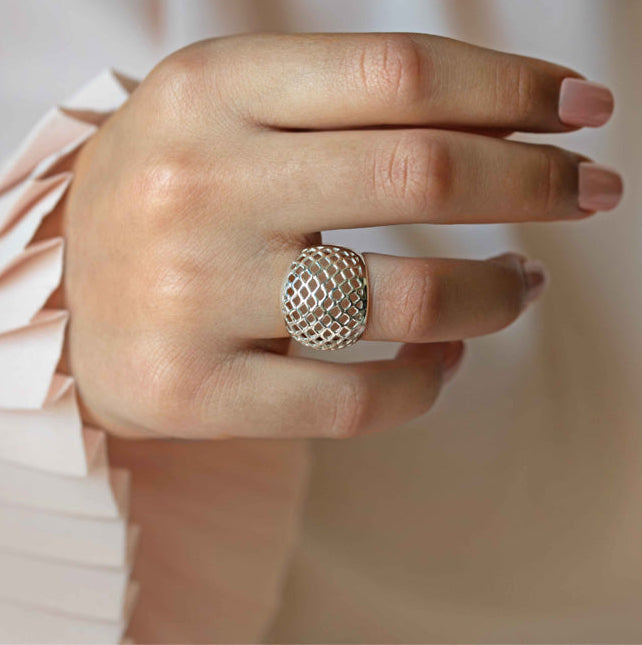 Lattice Dome Ring in 925 Sterling Silver, Modern Geometric Statement Unique Ring 