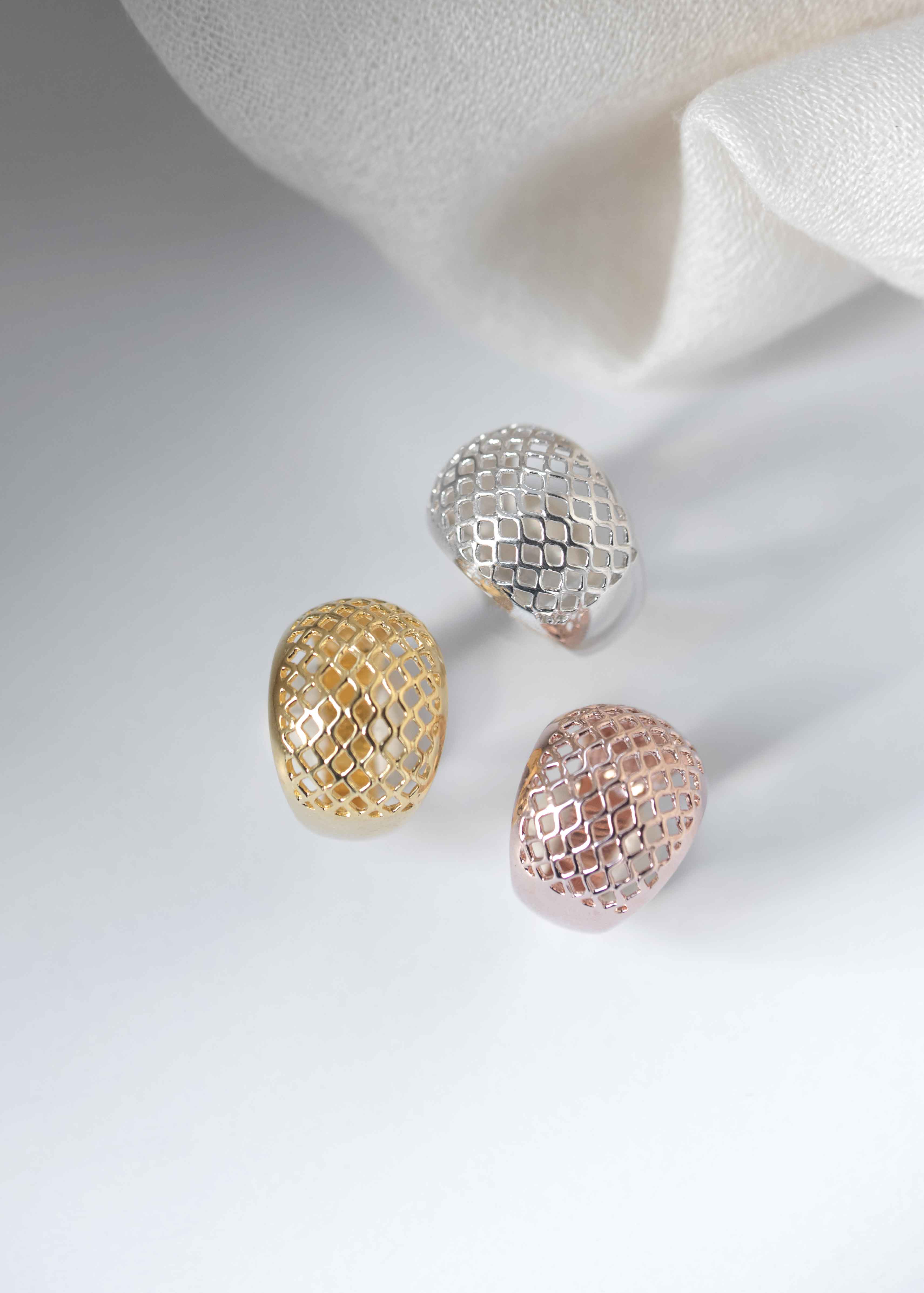 lattice dome ring in silver gold and rose gold