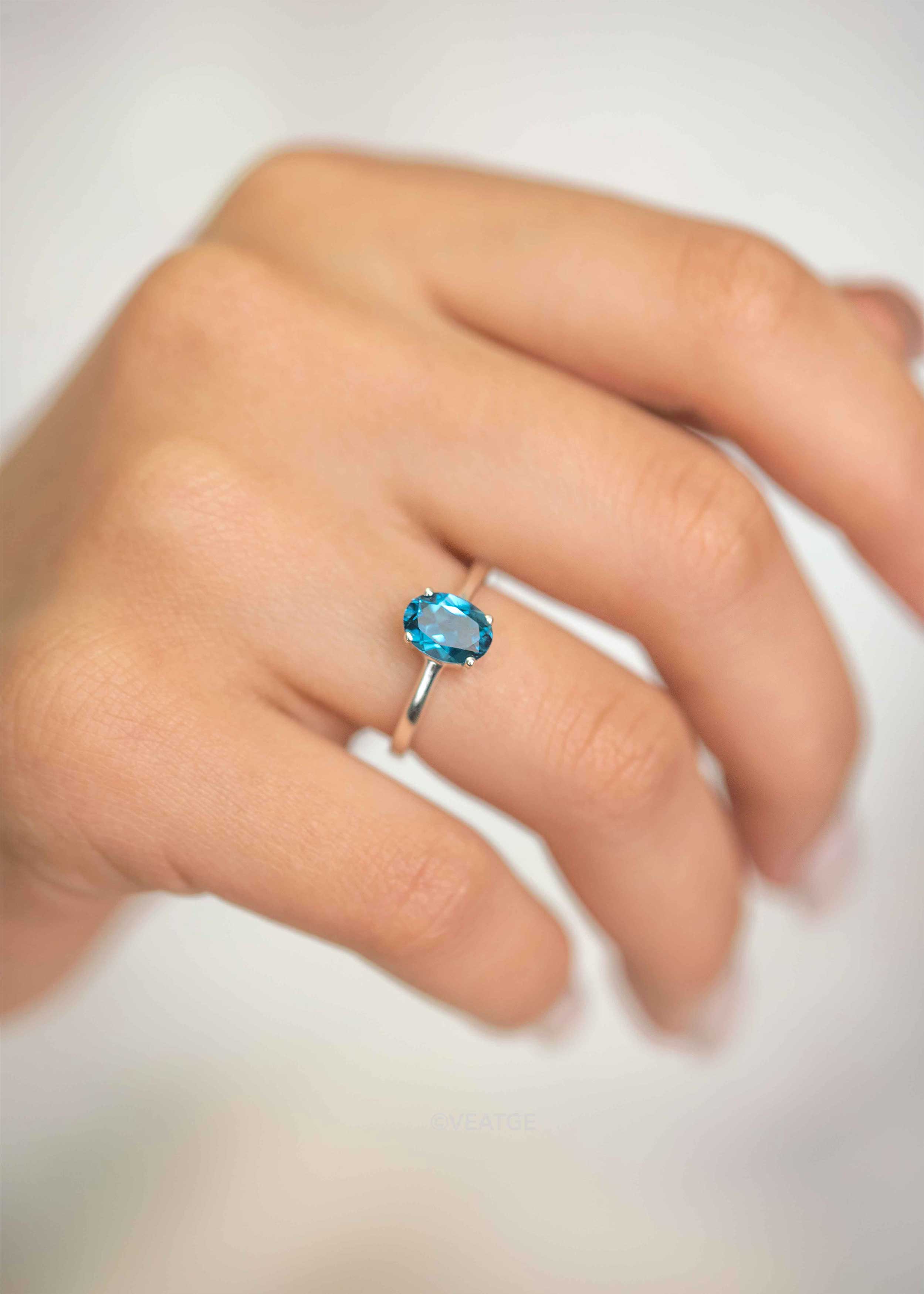 Genuine London Blue Topaz Ring in 925 Sterling Silver, Handmade Oval Solitaire Rings, Gifts for Women