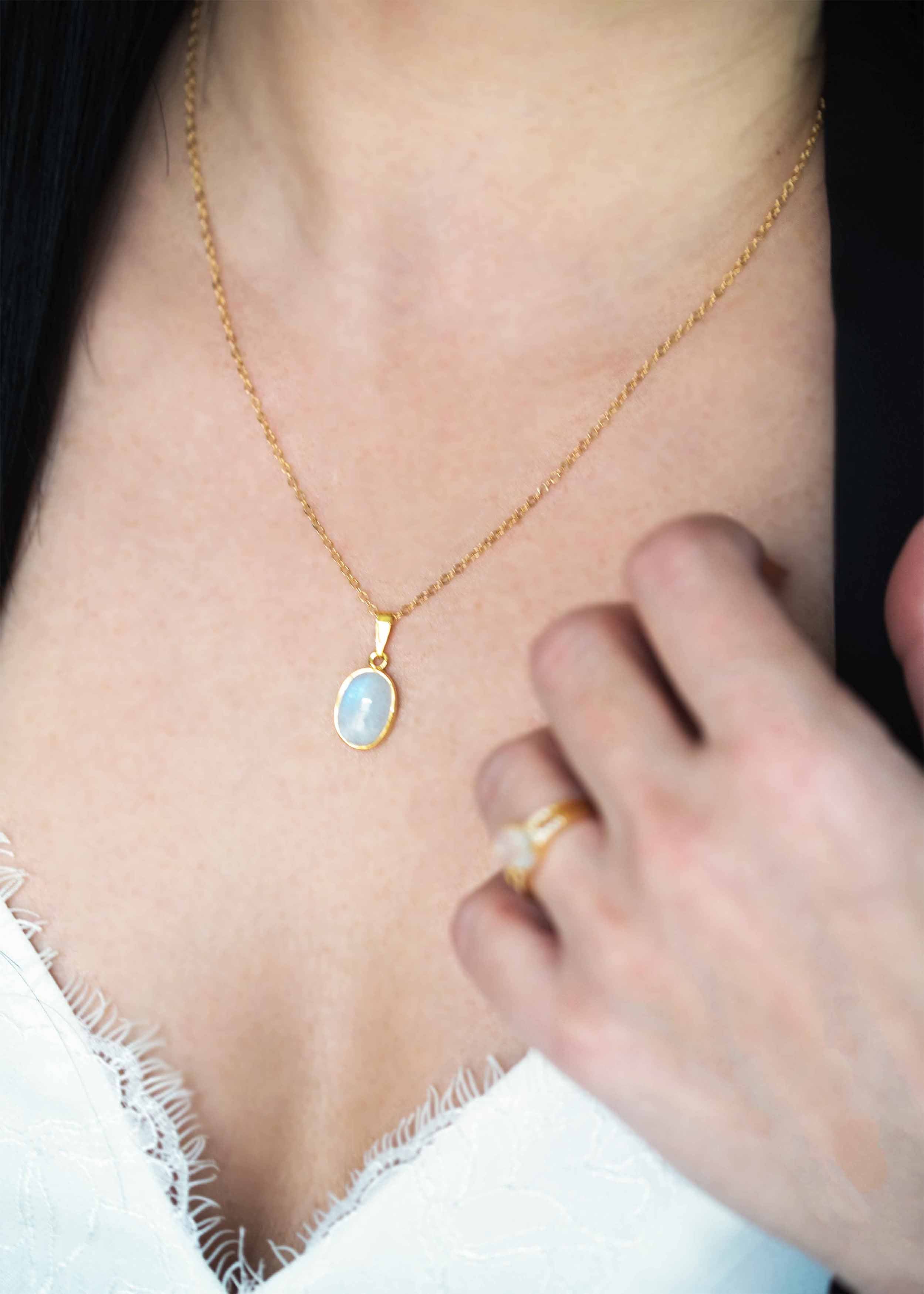 gold moonstone necklace large gemstone june birthstone birthday gift rainbow moonstone