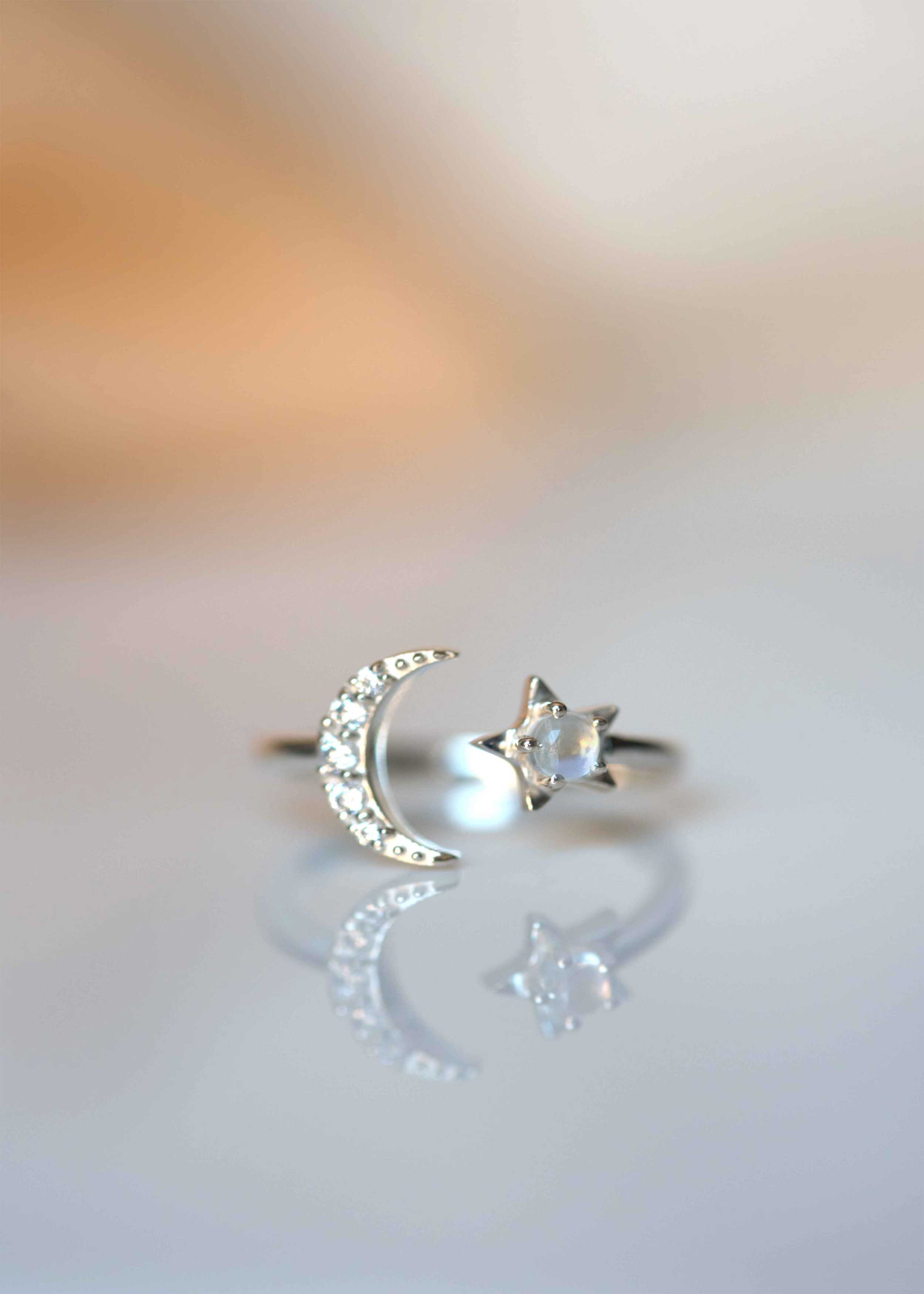 Crescent Moon and Star Celestial Ring Silver