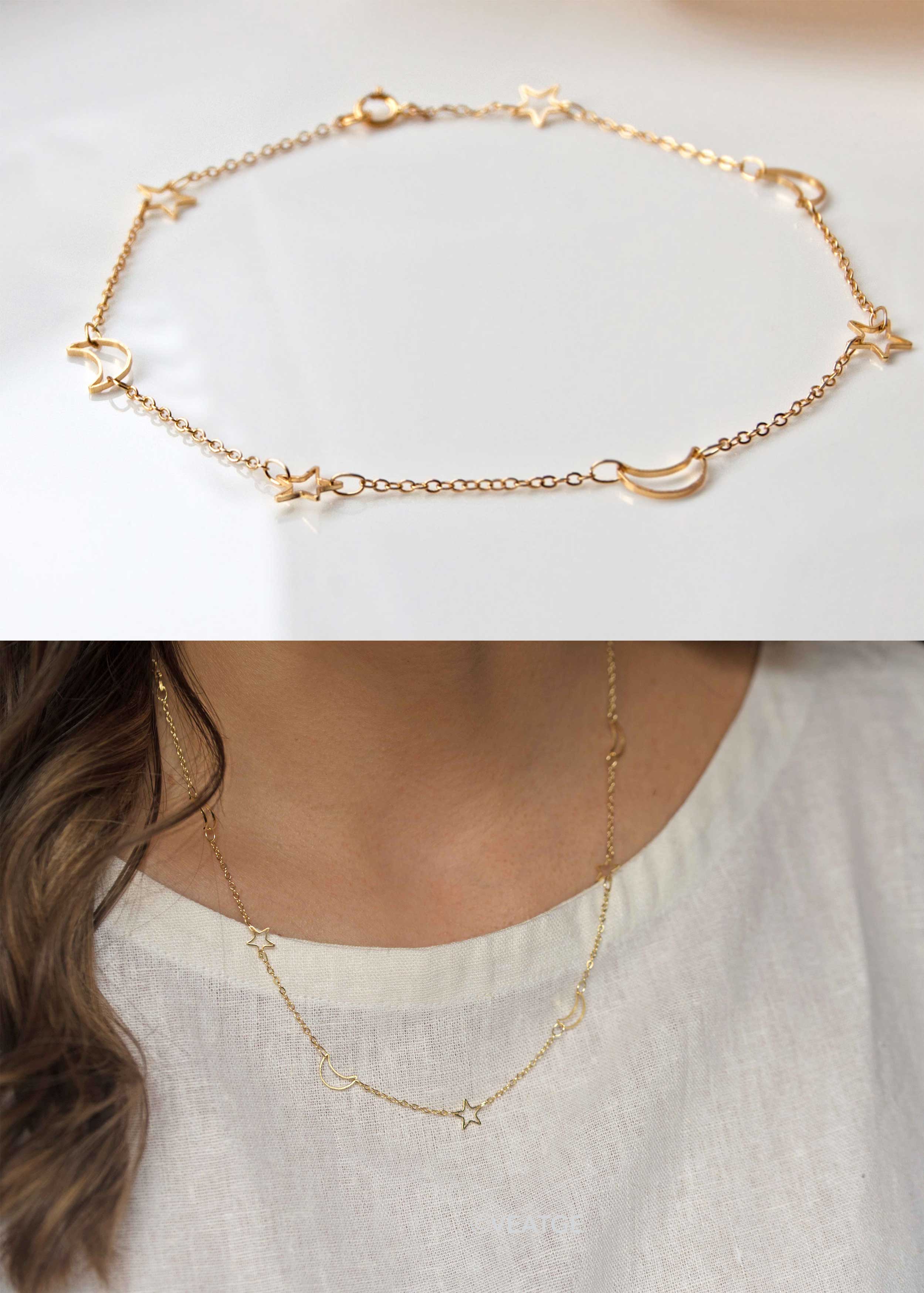 Moon and Star Gold Choker Necklace Celestial Jewelry Gifts for Girls