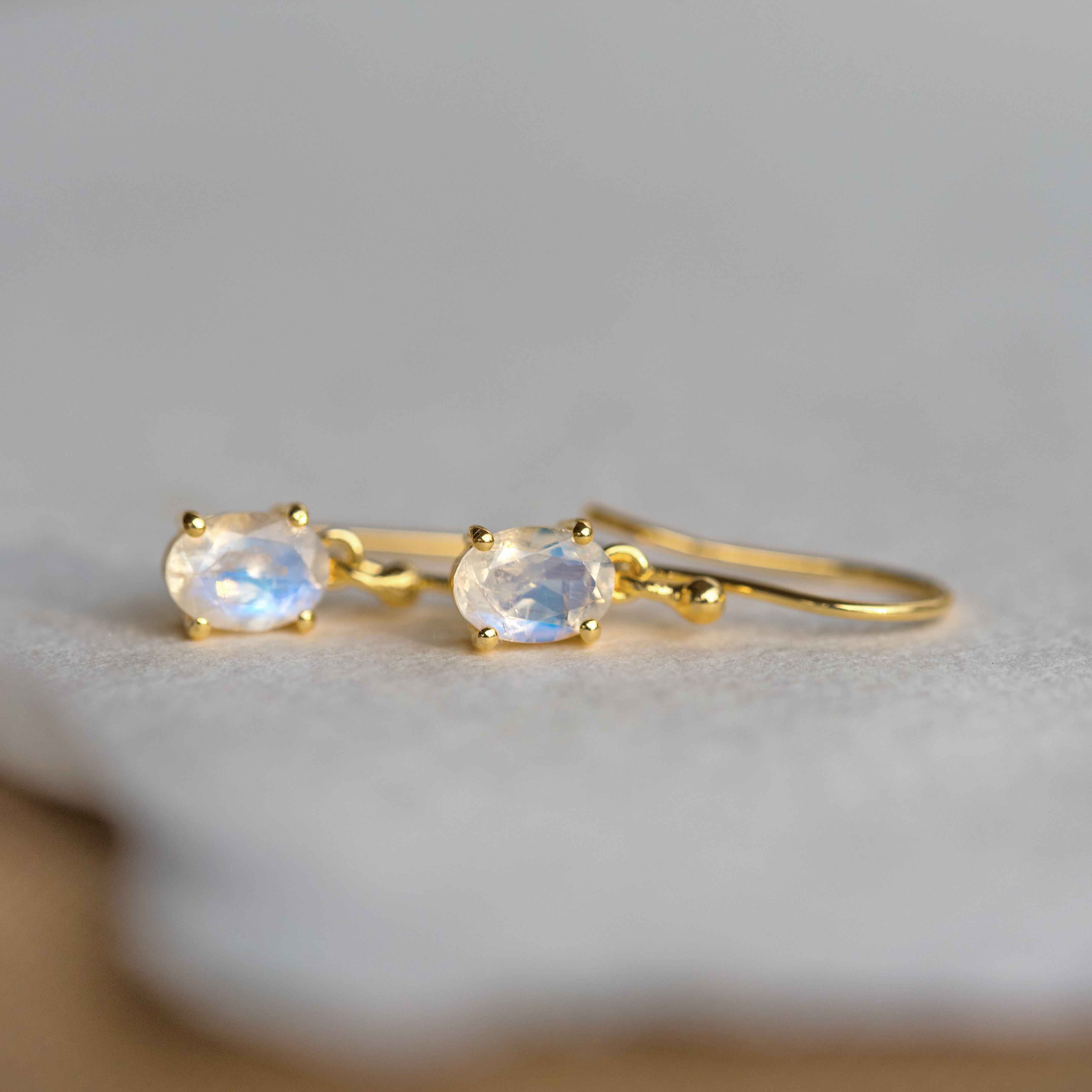 Natural Blue Moonstone Gold Dangle Earrings 