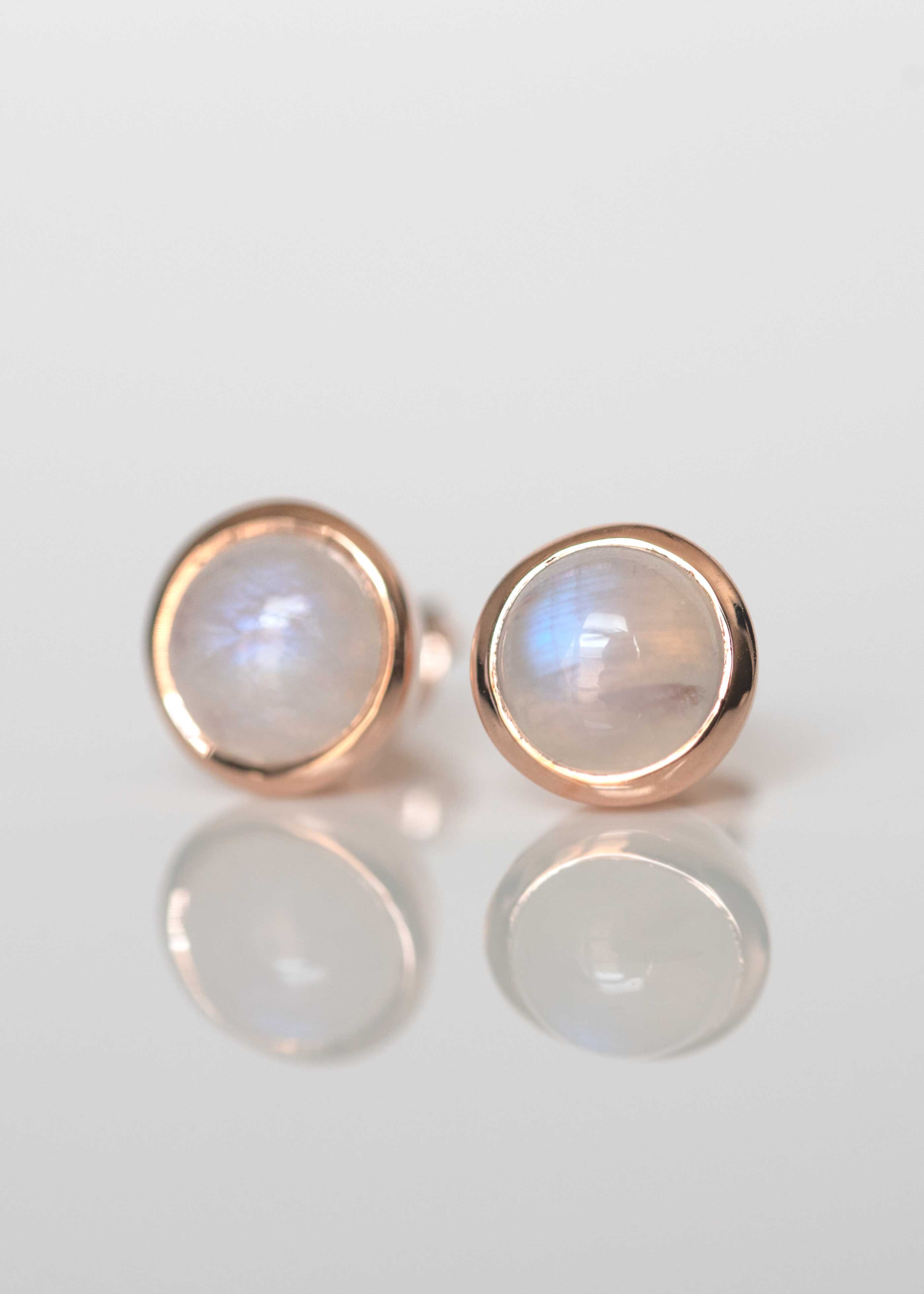 Blue Flash Moonstone Stud Earrings in Rose Gold