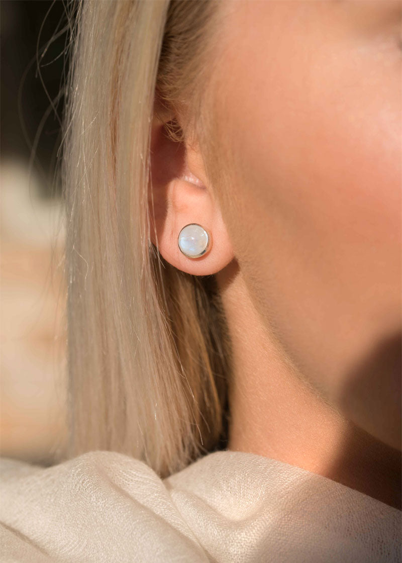 Blue Flash Moonstone Studs in Sterling Silver