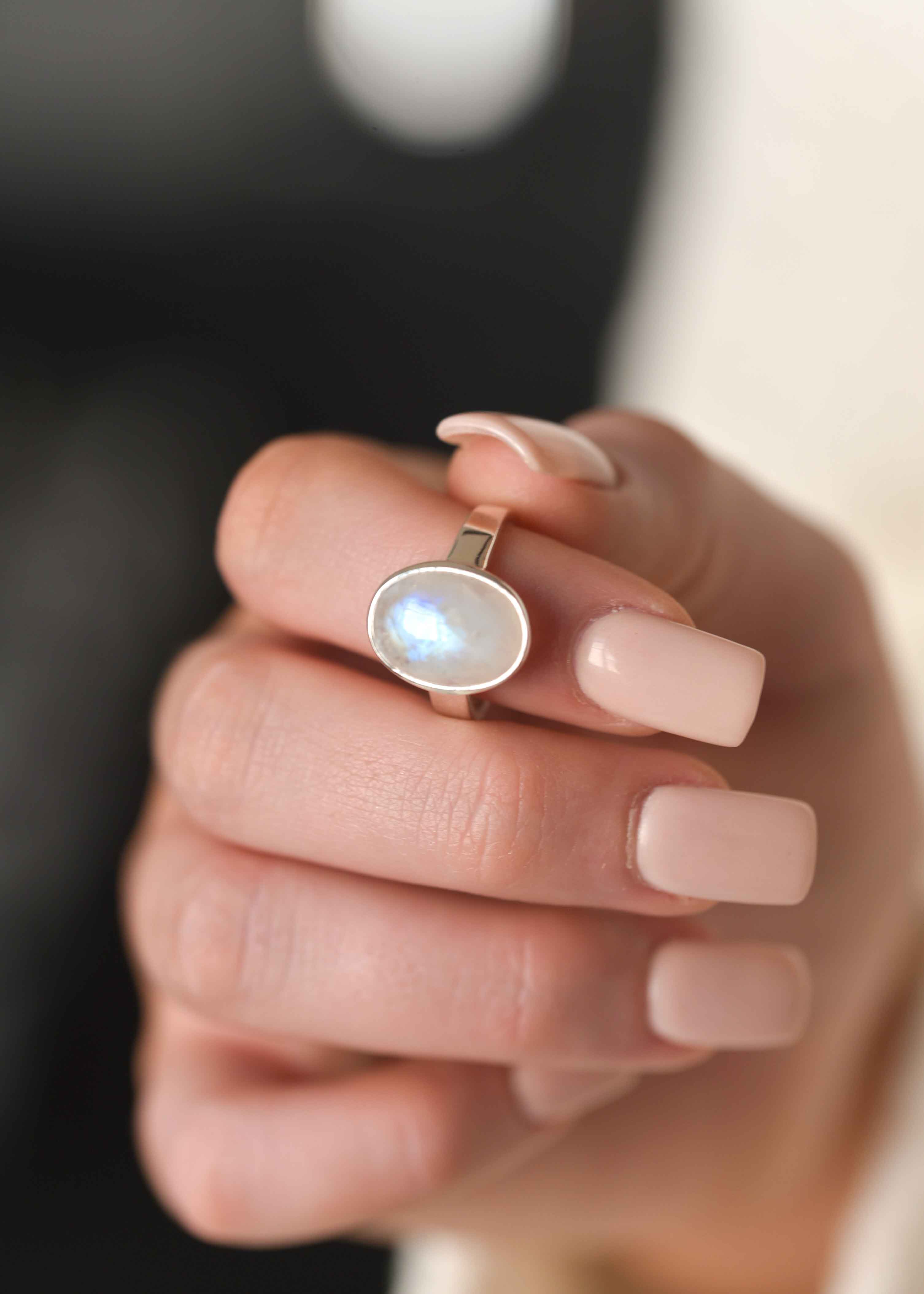 Large Moonstone Ring in Sterling Silver, Genuine Natural Moonstone Ring