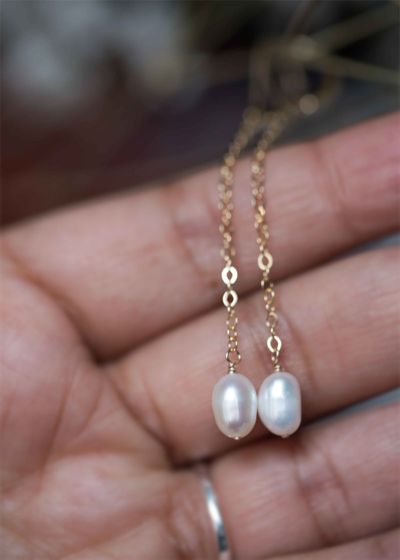 Pearl Drop Gold Earrings Long Chain