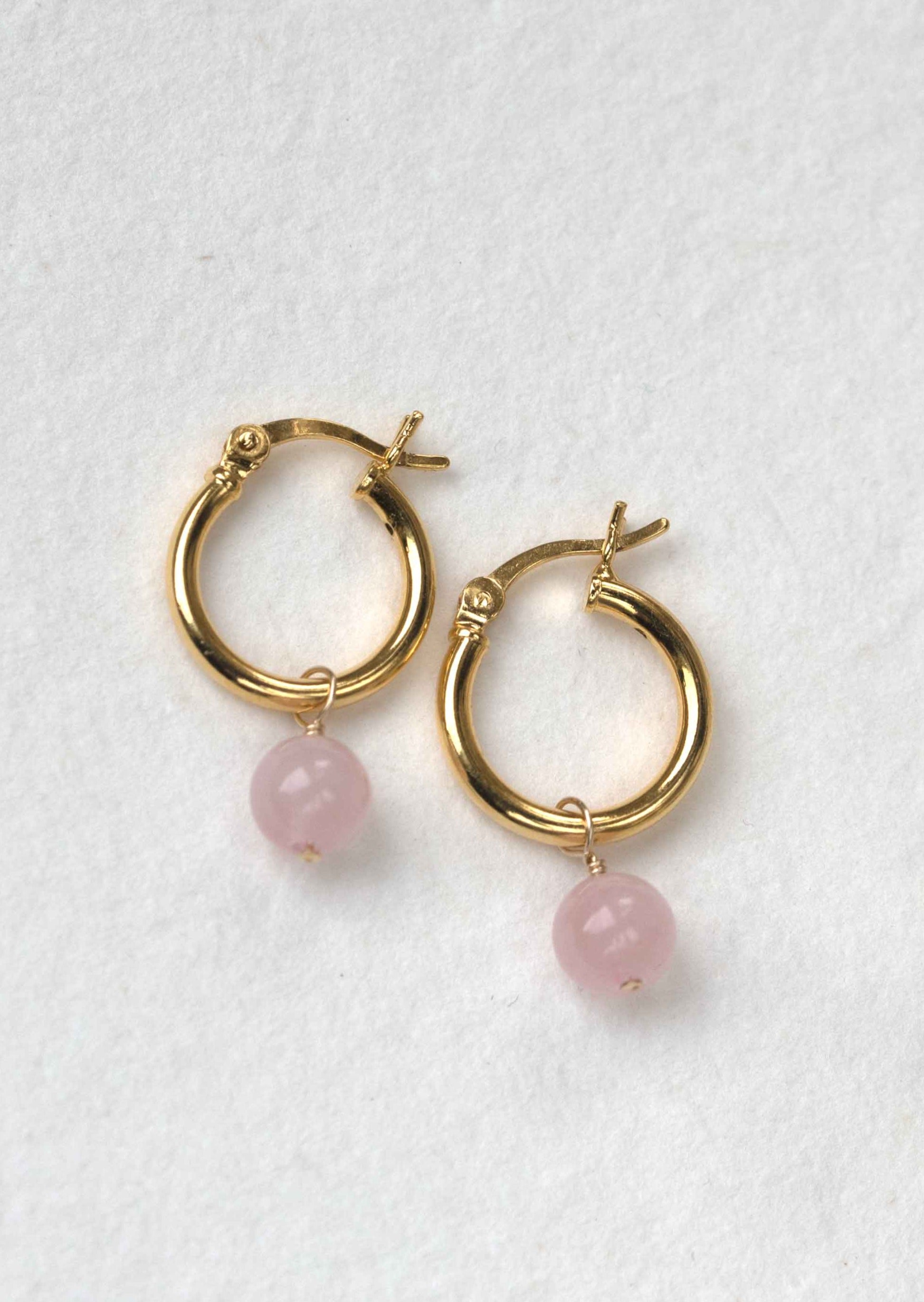 rose quartz earrings in gold hoops