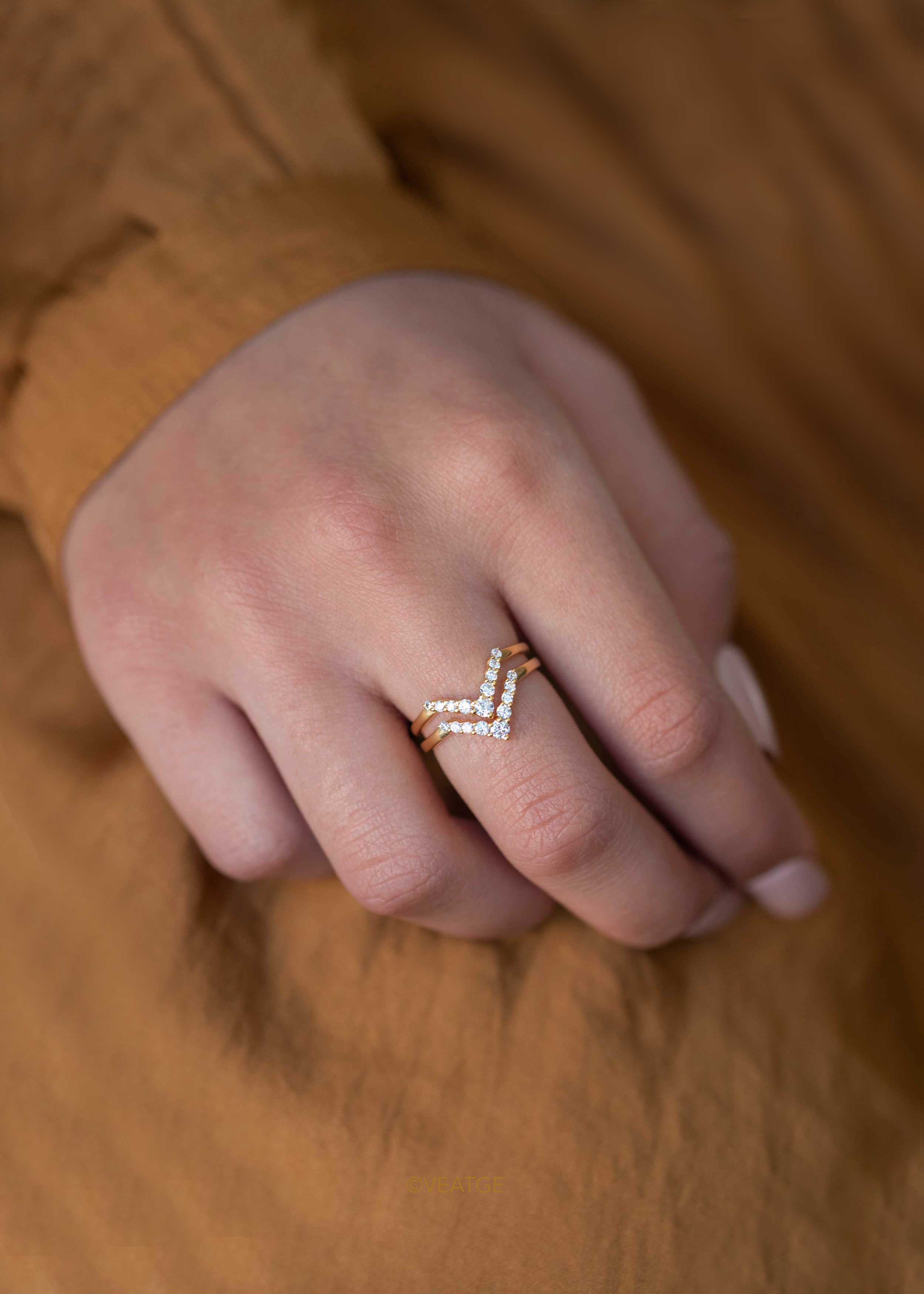 Gold Stacking Ring with diamonds, V Chevron Curved Ring for stack, Turo Ring