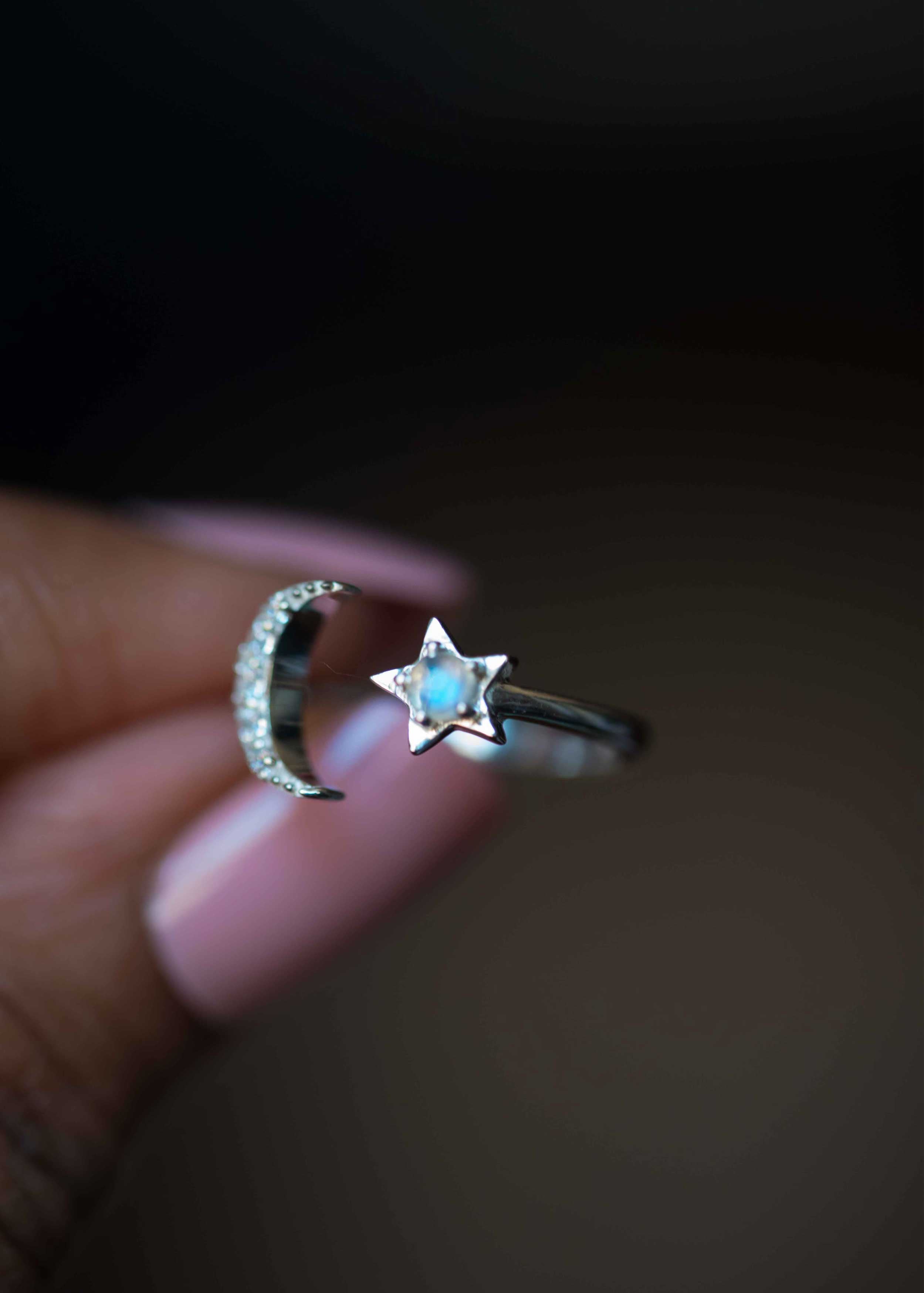 Crescent Moon and Star Celestial Ring Silver