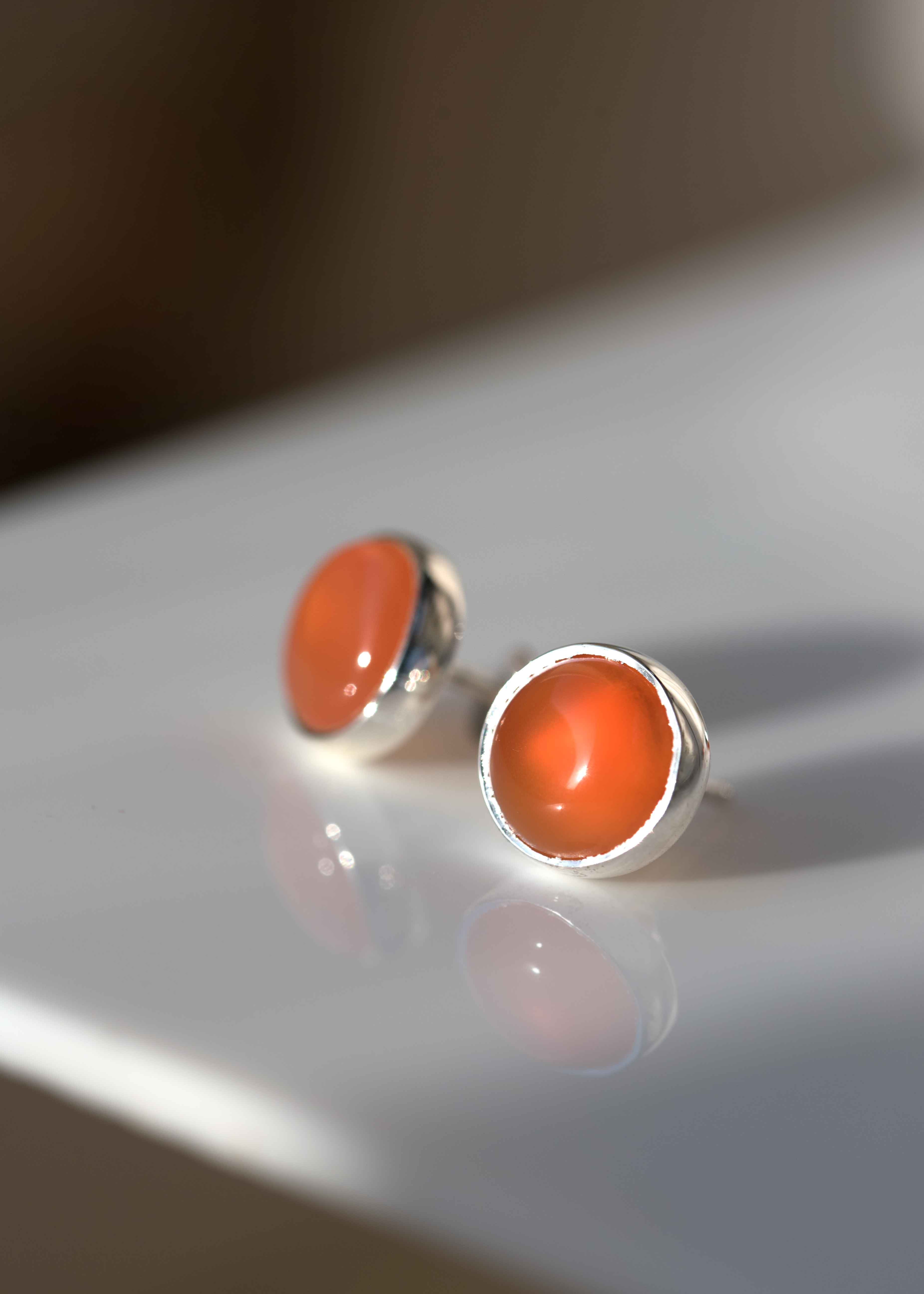 Genuine Real Natural Carnelian Stone Stud Earrings Silver