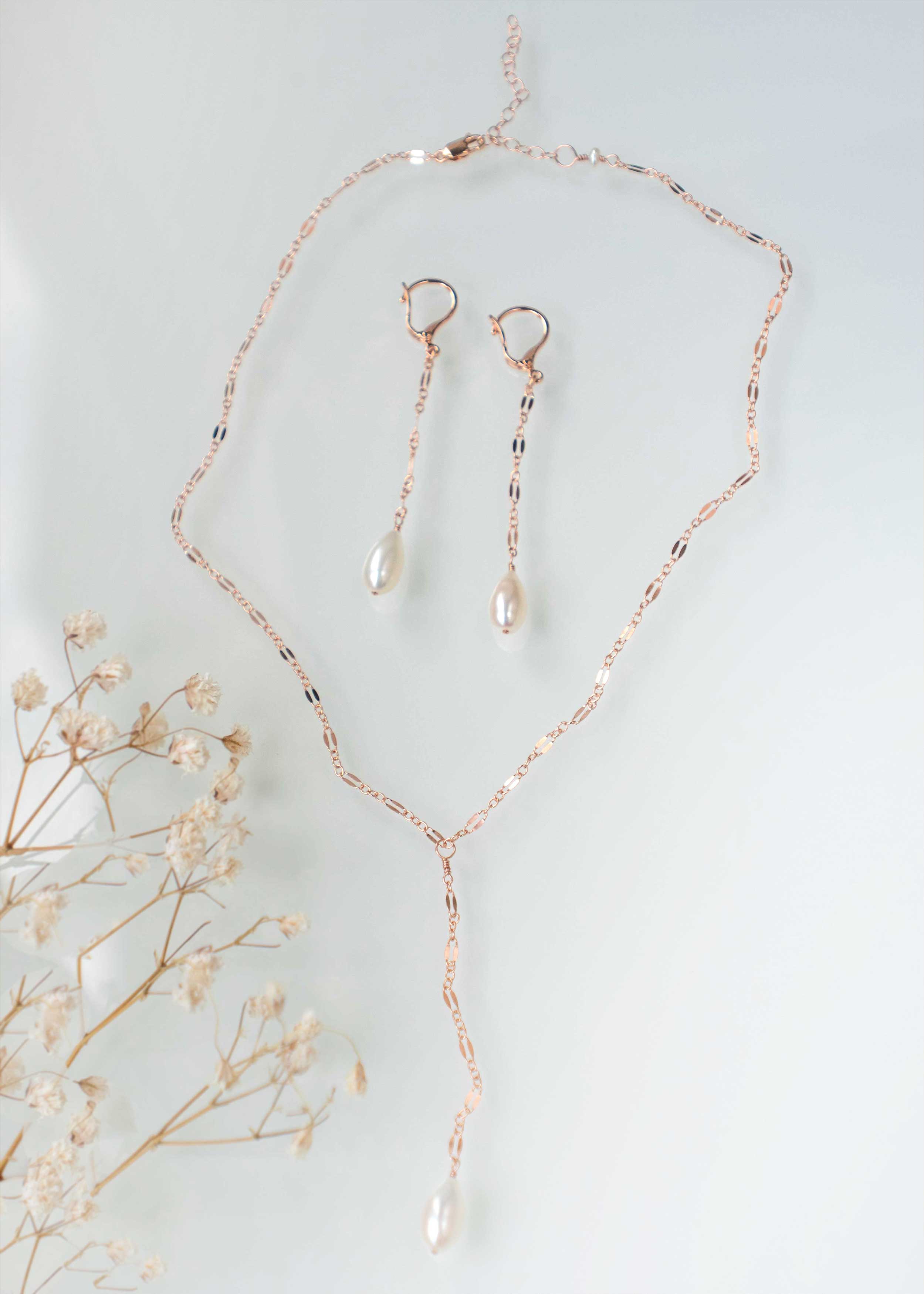 Chain Drop Earrings in Rose Gold Bridal Bridesmaid minimal delicate Lariat set