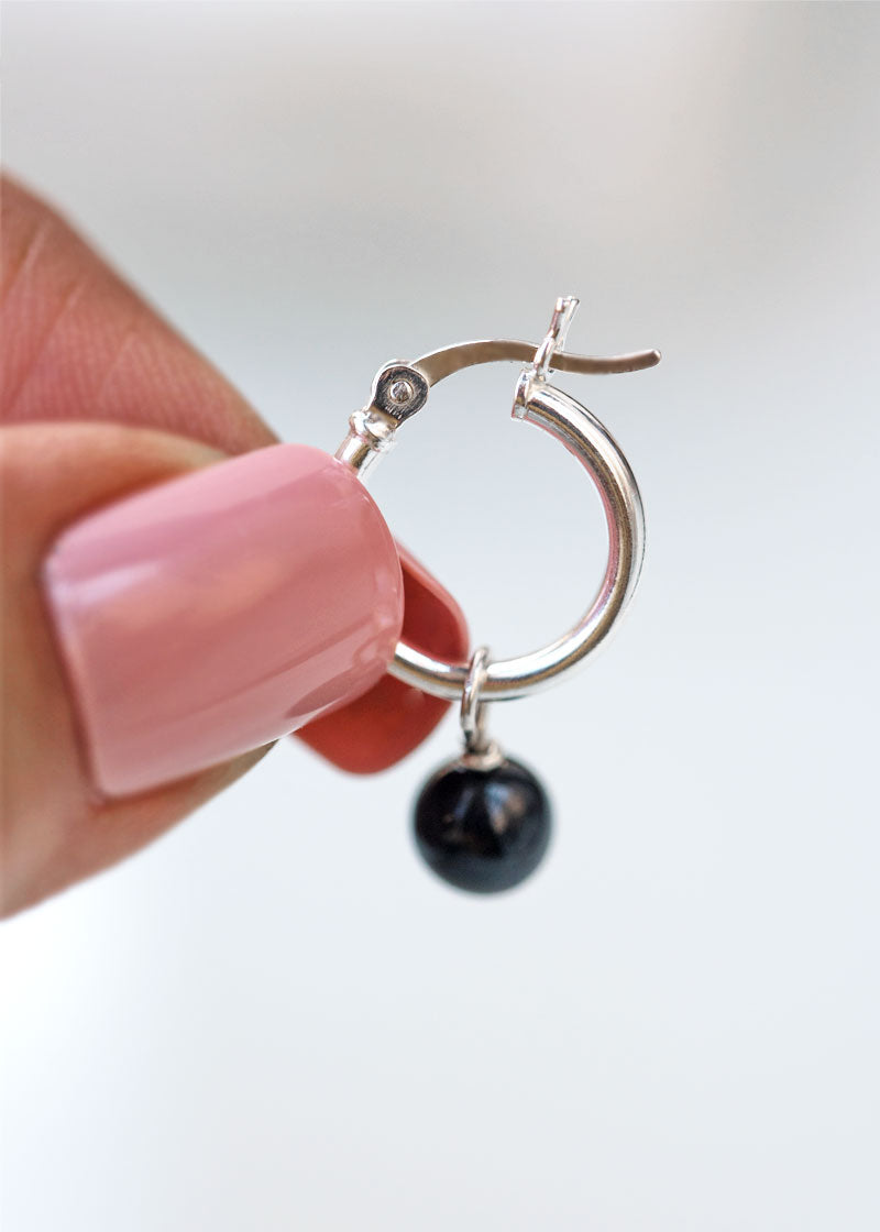 black onyx hoops silver earrings