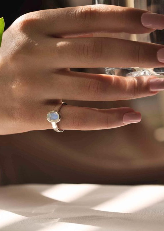 Blue Flash Moonstone Pinky Ring Silver June Birthstone